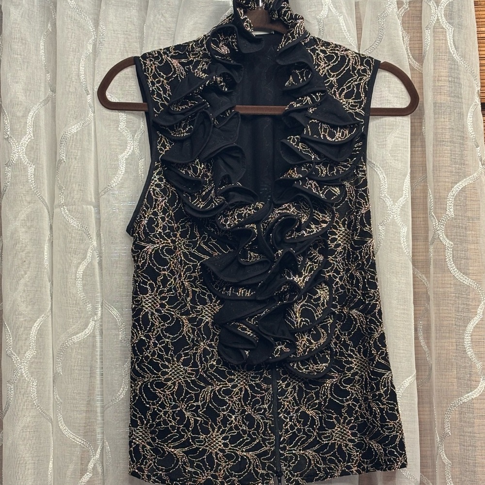 Anne Fontaine Black and Gold Lace Ruffle Blouse